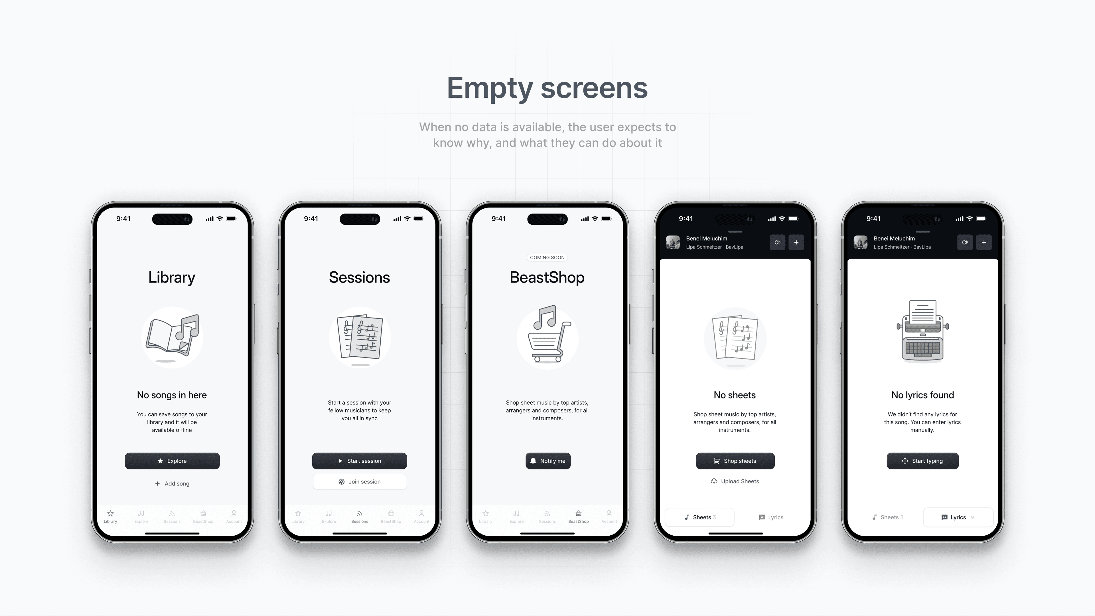 UX for empty screens for notebeast musical notes app by d7mtg