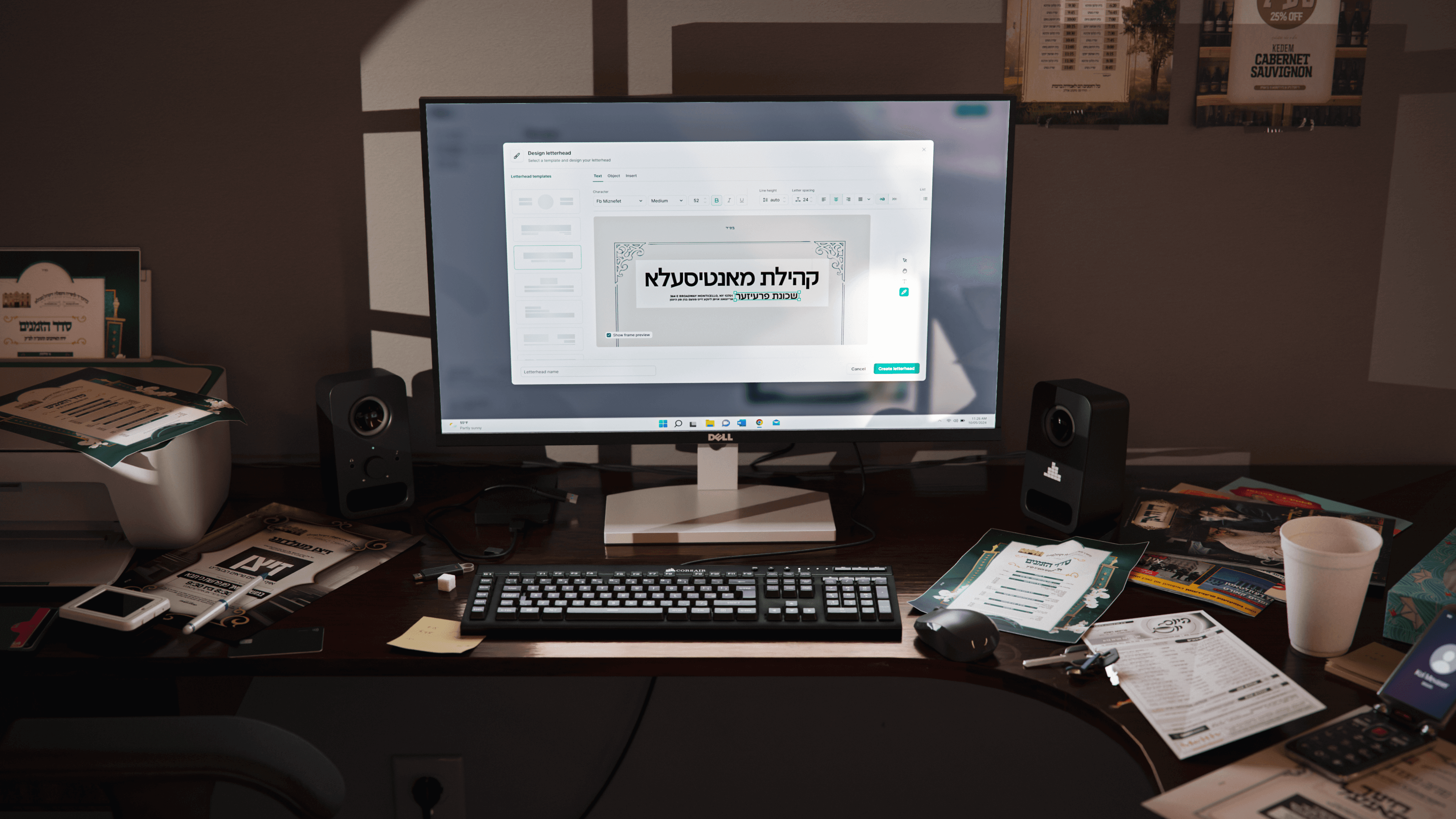 6 Tavlah program on a monitor displaying the letterhead design editor, surrounded by printed posters and desk items in a workspace setup.