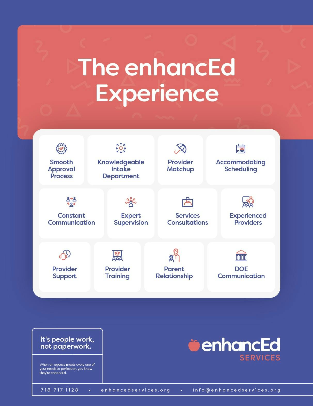 advertisement that says The Enhanced Experience. and a list of services like Providor Training and P3 and ABA.