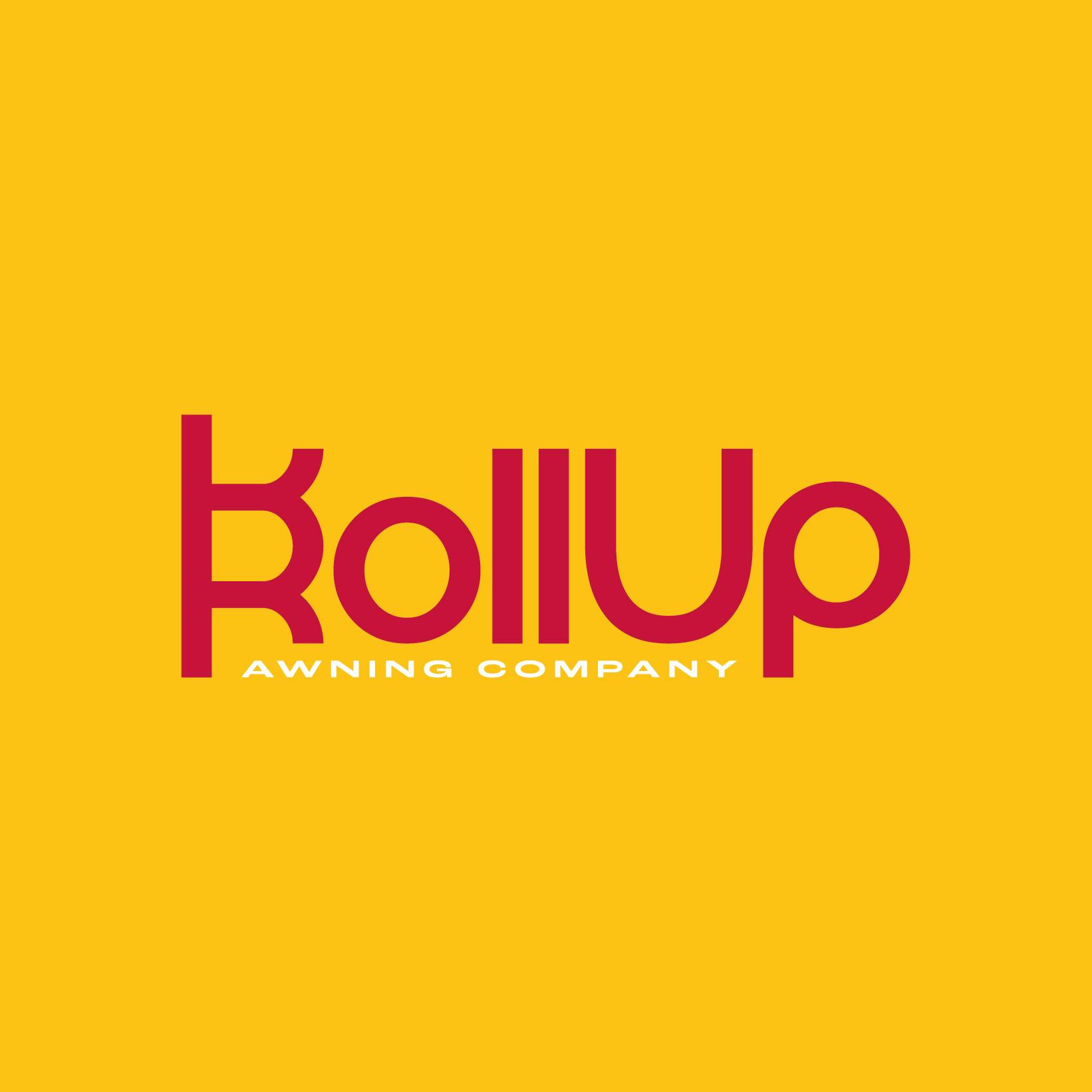 RollUp Awnings logo, red on Yellow background.