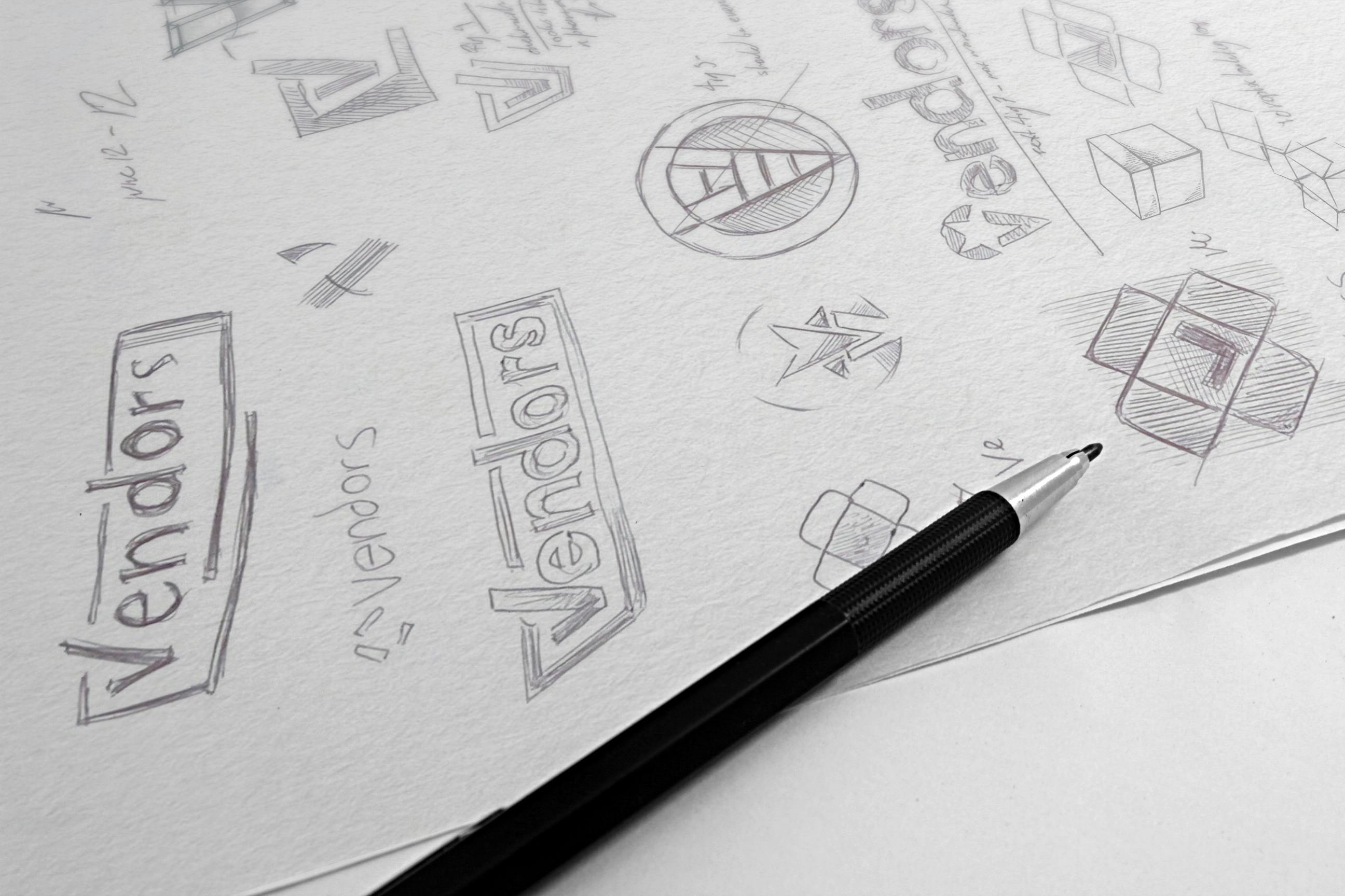 Page with pencil drawn logos all based on the Vendors' word mark and the letter V.