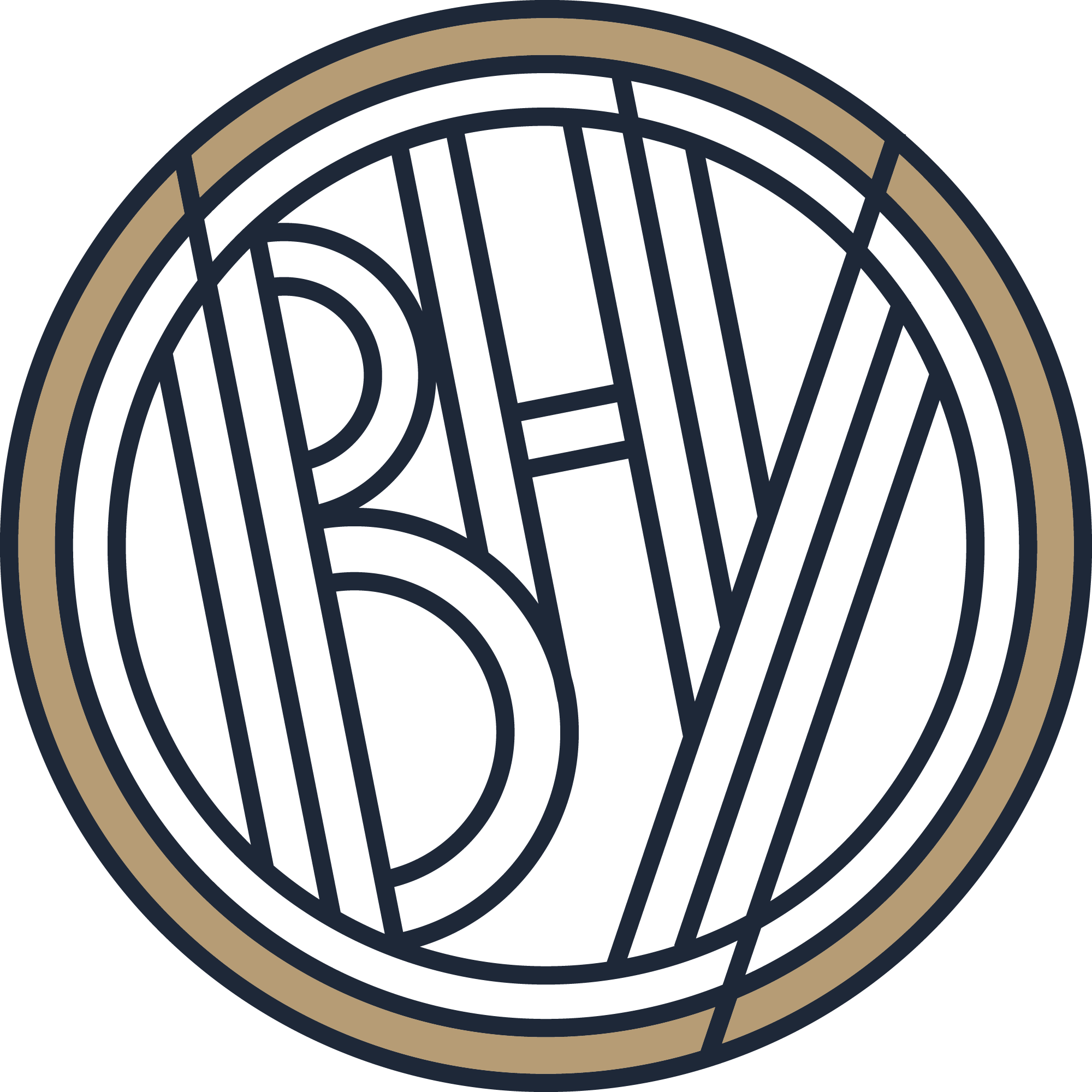 Circle logo with straight lines that look like the letters BHY