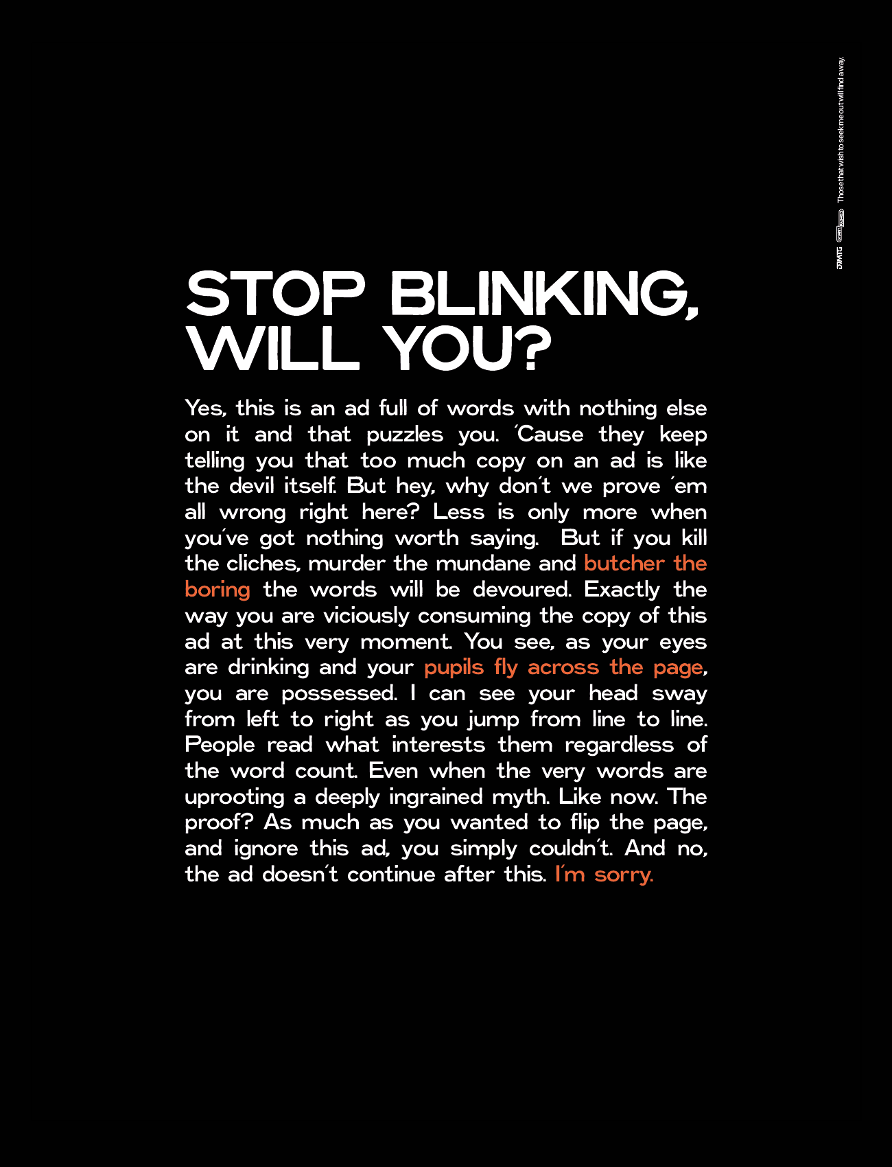 Advertisement by D7mtg that was placed in Ami Magazine for Chany Paskes with the words: Stop Blinking, Will You?.