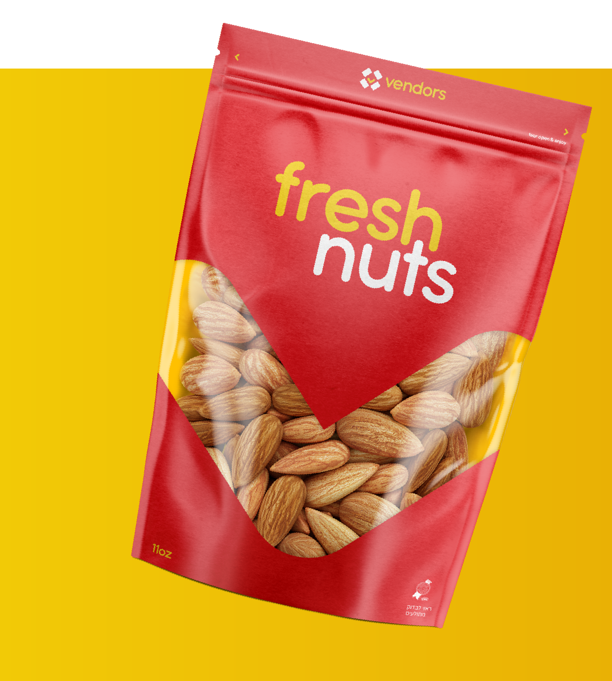 Packaging for almonds in red and yellow.